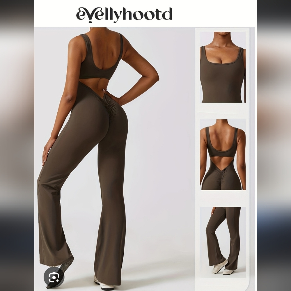 Evellyhootd Solid Cut Our Ruched Backless Flare Leg Romper as seen On Tik Tok XL